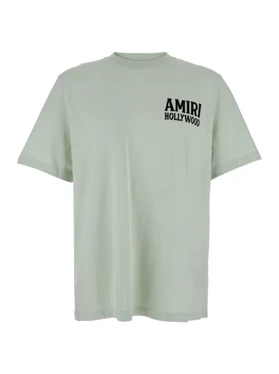 Amiri 'jazz Wolf' Green Crewneck T-shirt With Logo Lettering On The Front And Maxi Print On The Rear In Black