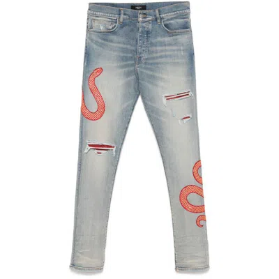 Amiri Mens Snake Embroidered Ripped Slim-fit Stretch-denim Jeans Antique Indigo In Blue
