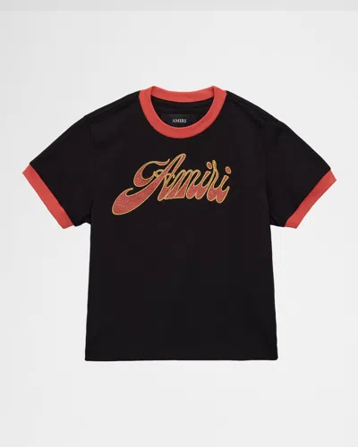 Amiri Kid's Groovy Logo-print Ringer T-shirt In Black