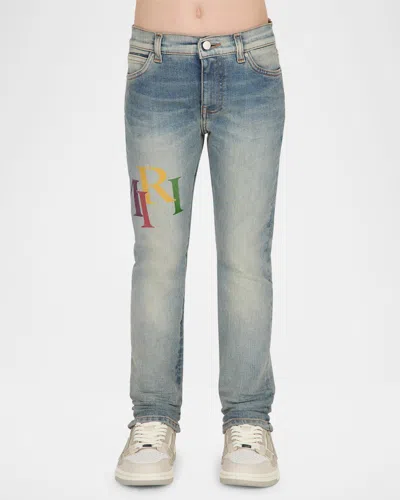 Amiri Kid's Staggered Logo Denim Jeans In Antique Indigo | ModeSens