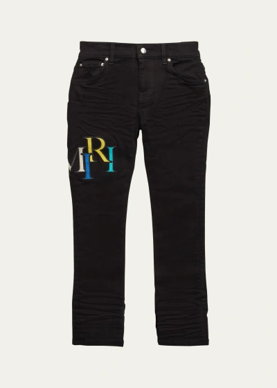 Amiri Kid's Staggered Logo Straight-leg Denim Jeans In Od Black