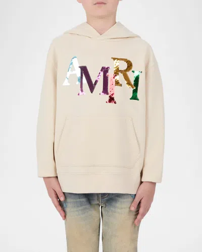 Amiri Kid's Staggered Sequin Logo Hoodie In Alabaster