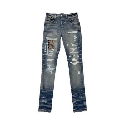Pre-owned Amiri Leather Staggered Logo Jeans 'vintage Indigo' | Blue | Men's Size 29