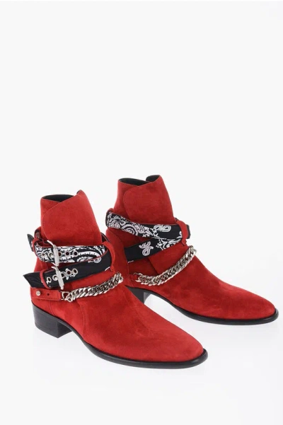 Amiri Leather Suede Bandana Boots With Chain And Straps In Red