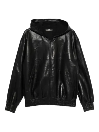Amiri Oversize Hooded Lambskin Leather Zip Jacket In Black
