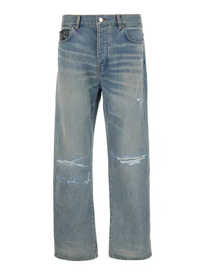 Amiri Light Blue Jeans With Rips And Bandana Detail In Denim Man In Multicolor