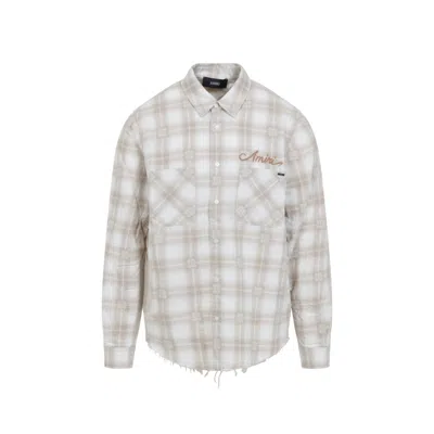 AMIRI LIGHT CAMEL COTTON BLEACH PATCH FLANNEL BANDANA SHIRT