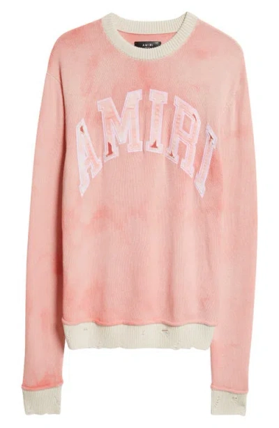 Amiri Logo Appliqué Distressed Cashmere Crewneck Sweater In Flamingo Pink