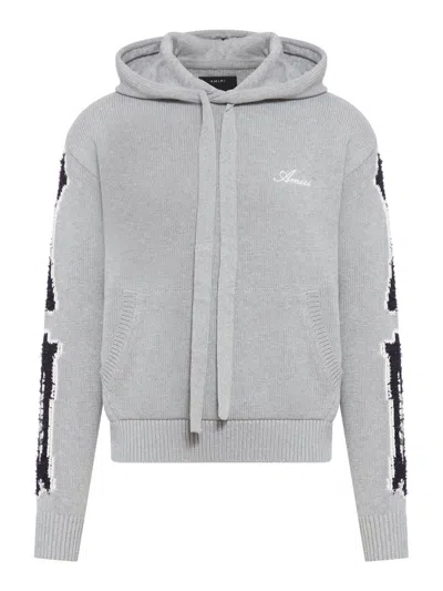 Amiri Logo Embroidered Drawstring Knitted Hoodie In Grey