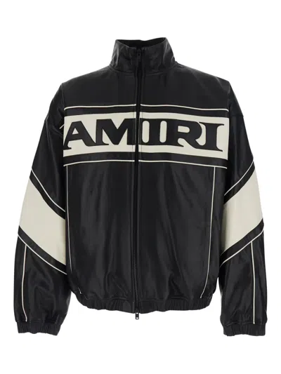 Amiri Black Jacket With High Neck And Maxi Logo Lettering On The Front And Back In Leather Man In Multi