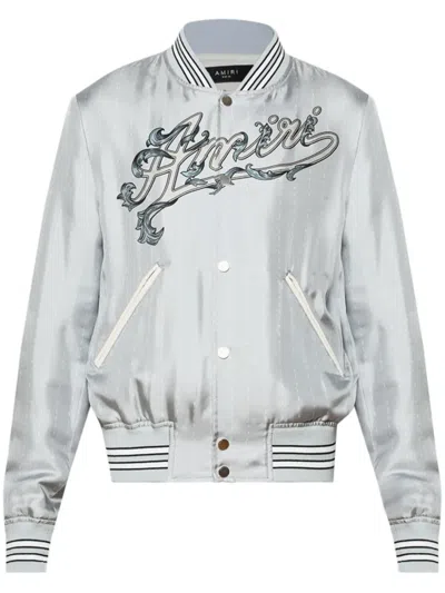 Amiri Logo-print Silk Bomber Jacket In Grey