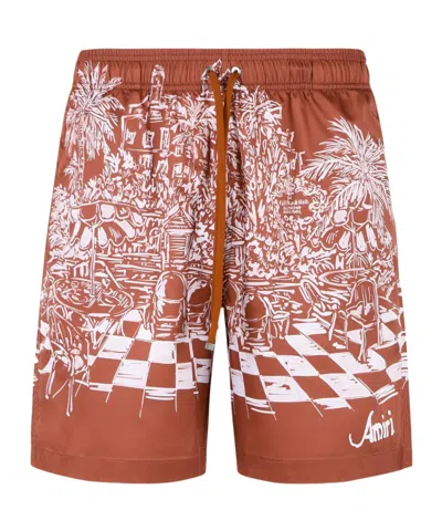 Amiri Logo Printed Swim Shorts In Brown