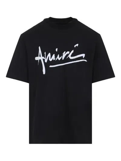 Amiri Black Crewneck T-shirt With Logo Lettering Print On The Front In Cotton Man
