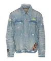 Amiri Vintage Pegasus Embellished Distressed Paint-splattered Denim Trucker Jacket In Gray
