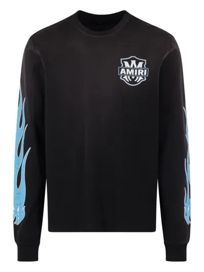 Amiri Men Black Long-sleeved Crewneck T-shirt With Flames Motif On The Sleeves And Maxi Logo On The