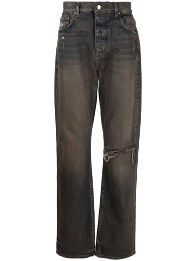 Amiri Bar Logo Dark Wash Straight Leg Jeans In Brown