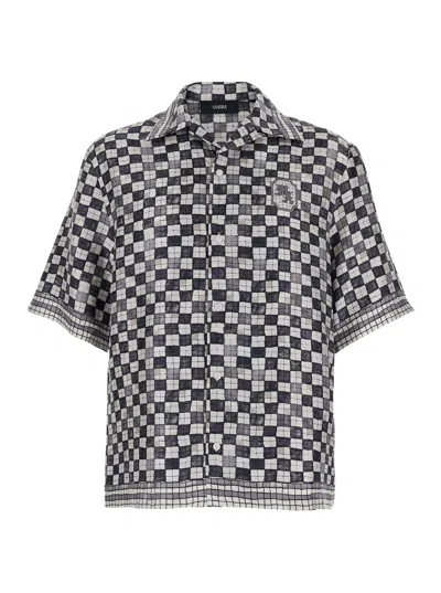 Amiri Black Silk Shirt With All-over Check Motif And Logo Lettering On The Back Man In Gray