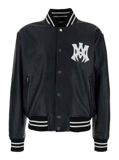 Amiri Ma Hollywood Black Bomber Jacket With Logo Print On The Front And Maxi Logo Print On The Rear In Lea