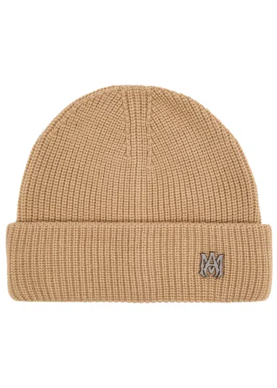 Amiri Ma Logo Ribbed Wool Beanie In Beige