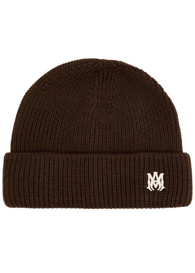 Amiri Ma Logo Ribbed Wool Beanie In Brown