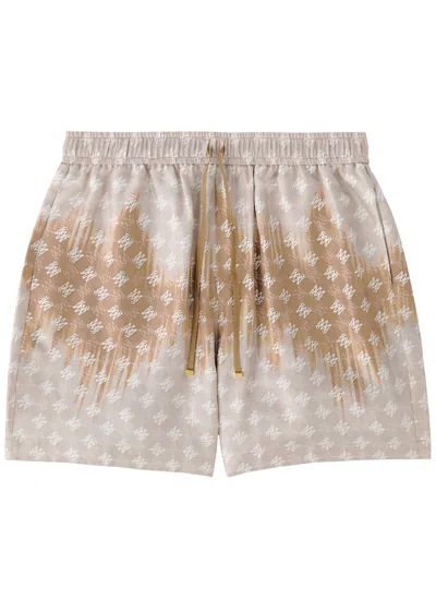 Amiri Ma Quad Logo-monogrammed Silk Shorts In Camel