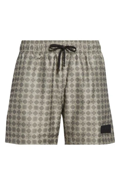 Amiri Ma Quad Monogram Print Swim Trunks In Gray