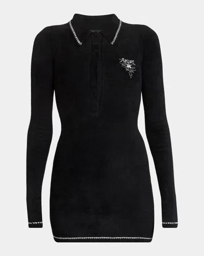 Amiri Ma Velvet Knit Long-sleeve Mini Polo Dress In Black