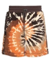 Amiri Leather-trimmed Tie-dyed Fleece Drawstring Shorts In Brown