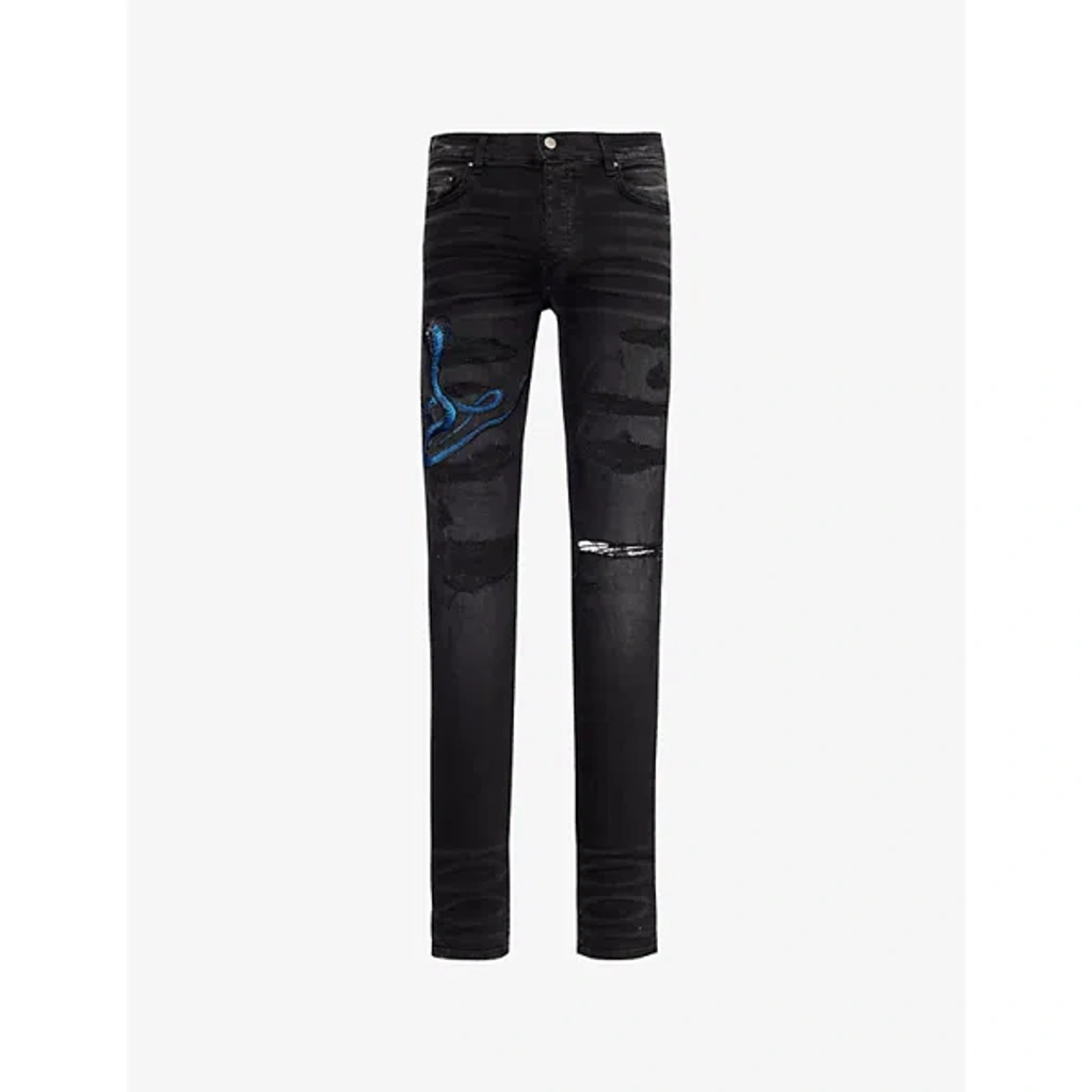 Amiri Mens Aged Black Snake-patch Slim-fit Tapered Stretch-denim