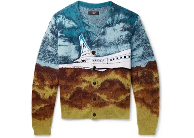 Pre-owned Amiri Men's  Airplane Intarsia Mohair Cardigan Sweater In Roasted Red/dark Blue