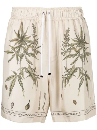 Pre-owned Amiri Men's  Botanical Leaves Drawstring Silk Shorts In Cream In White