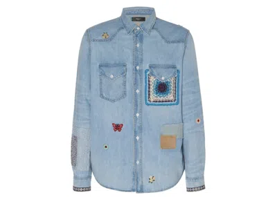 Pre-owned Amiri Men's  Crochet And Patch Denim Shirt In Sky Blue Indigo