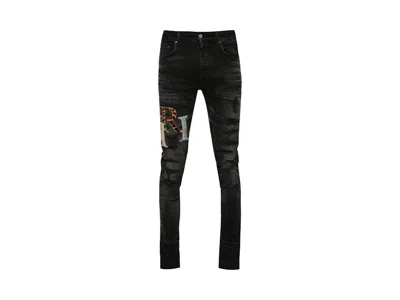 Pre-owned Amiri Men's  Leather Staggered Logo Jeans In Faded Black
