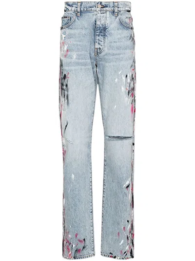 Pre-owned Amiri Men's  Paint Splatter Straight Leg Jeansin Blue