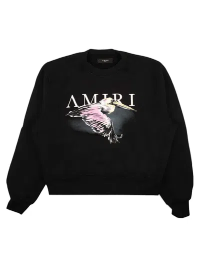 Pre-owned Amiri Men's  Pelican Watercolor Crewneck Sweatshirt In Black