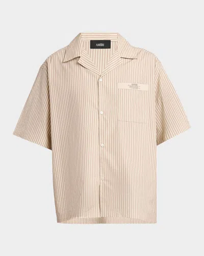 Amiri Men & Apos;s Spirit Stripe Cotton Poplin Label-pocket Camp Shirt In Brown