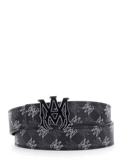 Amiri Men Black Belt With Front Logo Buckle Closure And All-over Logo Embellishment In Leather Man