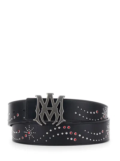 Amiri Men Black Belt With Front Logo Buckle Closure And All-over Stud Embellishments In Leather Man