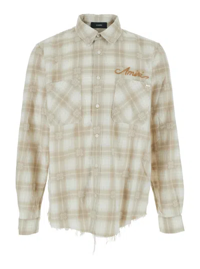 AMIRI AMIRI MEN BEIGE SHIRT WITH CHECK PATTERN AND LETTERING LOGO ON FRONT AND BACKIN FLANNEL MAN