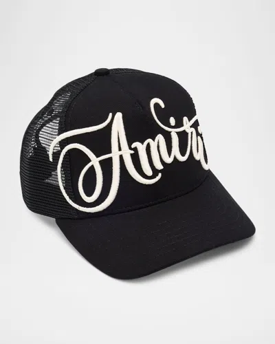 Amiri Men's Chain-stitch Oversized Logo Trucker Hat In Black