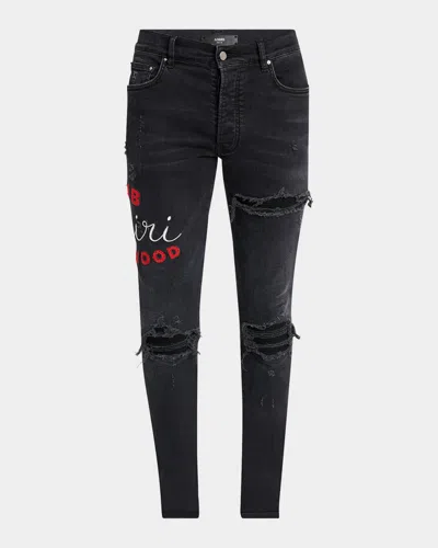 AMIRI MEN'S D-CLUB APPLIQUE DISTRESSED SKINNY JEANS