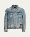 Amiri Vintage Pegasus Embellished Distressed Paint-splattered Denim Trucker Jacket In Antique Indigo