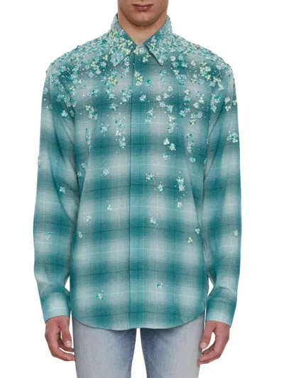 Amiri Men's Floral Appliqué Flannel Shirt In Blue