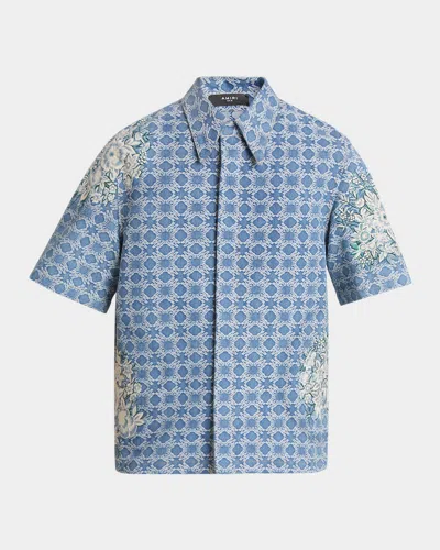 Amiri Men's Floral Embroidered Sport Shirt In Surf Indigo