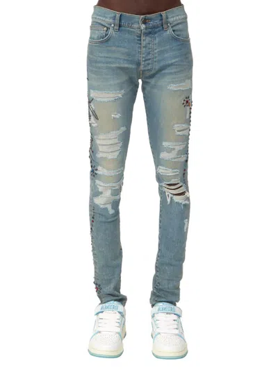 Amiri Men's Floral Stud Skinny Jeans In Blue