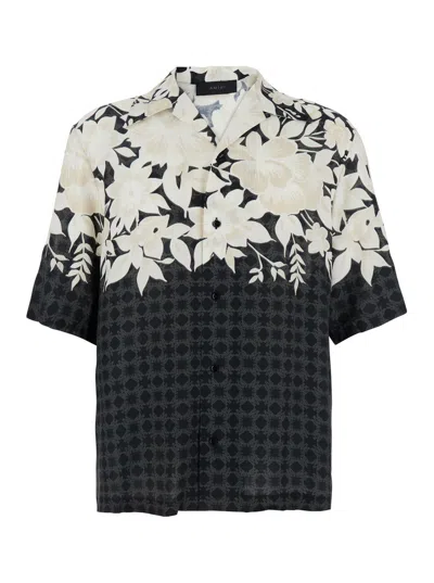 AMIRI AMIRI MEN 'GARDEN' BLACK BOWLING SHIRT WITH CUBAN COLLAR AND ALL-OVER FLORAL PRINT IN TECH FABRIC MA