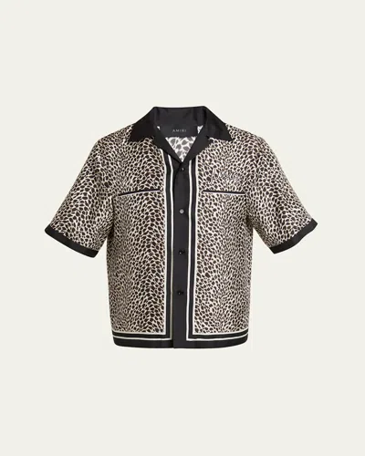 Amiri Men's Leopard Silk Bowling Shirt In Black Birch