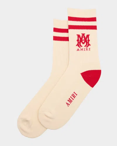 Amiri Men's Ma Double-stripe Ribbed Crew Socks In Neutral