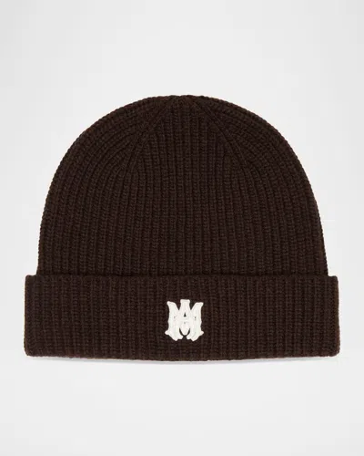 Amiri Men's Ma Embroidered Wool Rib Beanie Hat In Brown