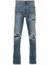 Amiri Mens Dark Indigo Mx1 Distressed Slim-leg Stretch-denim Jeans In Blue